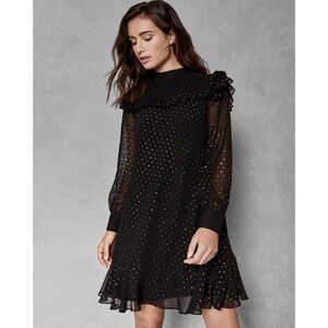 Ted Baker Black Gold Joyous High Neck Ruffle Mini Dress NWT
